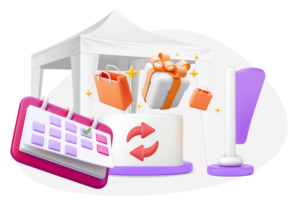 3D-illustration av mässmonter med kalender, paket och flagga för bokning och delning av eventmaterial.